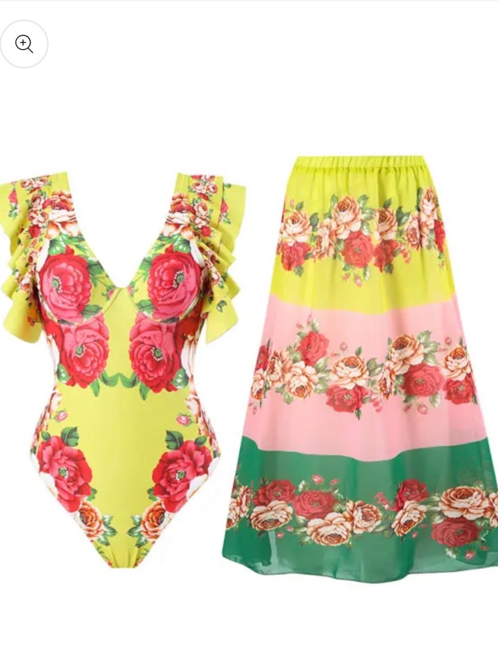 Floral Yellow & Pink Swim Coverup Set - Women's Two-Piece Beach Dress